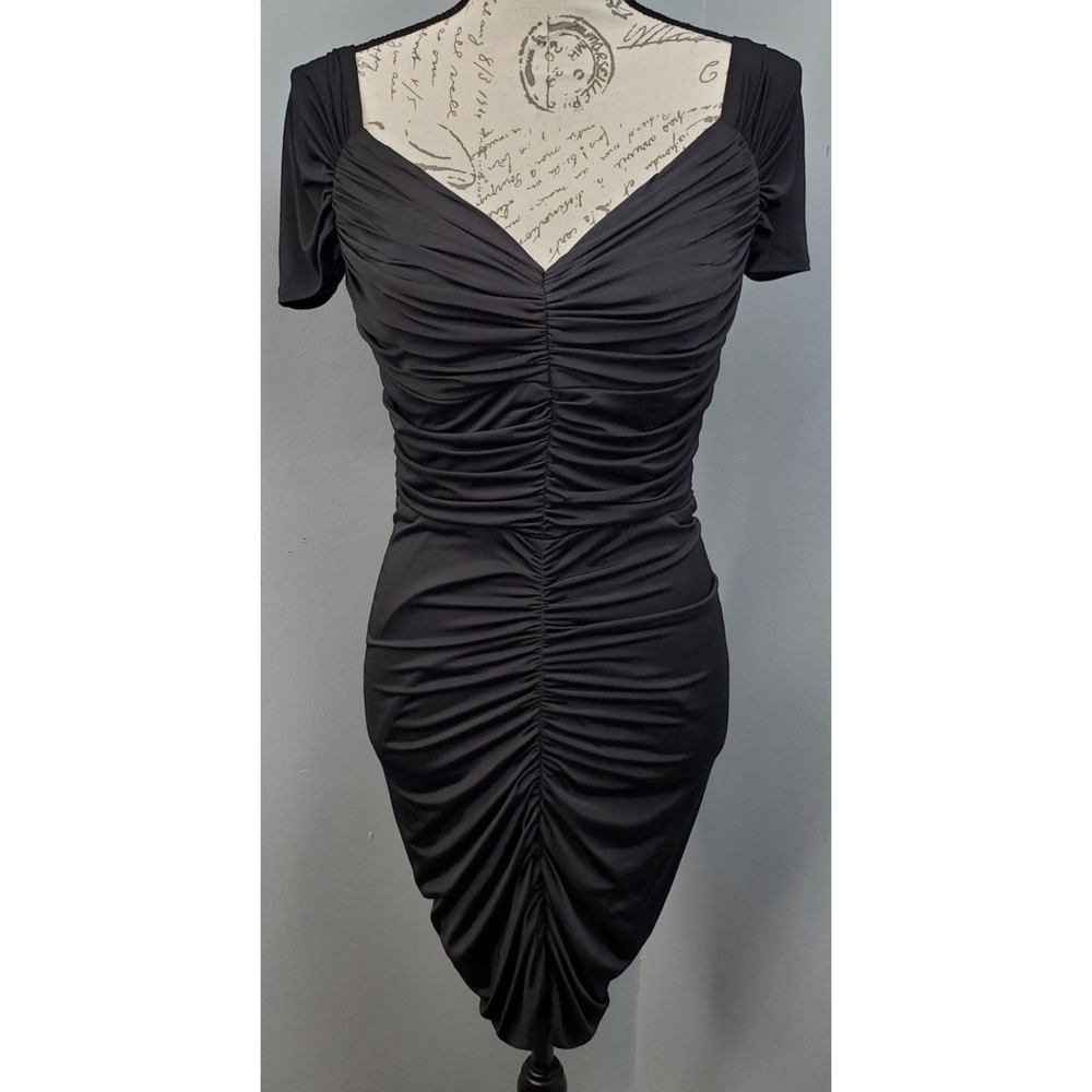 Jessica McClintock Bodycon Dress Womens 10 Black Ruched Short Sleeve Cocktail